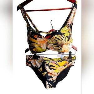 Everyday Sunday Swim Set Bikini Top Bottom Black Tropical size 10 12